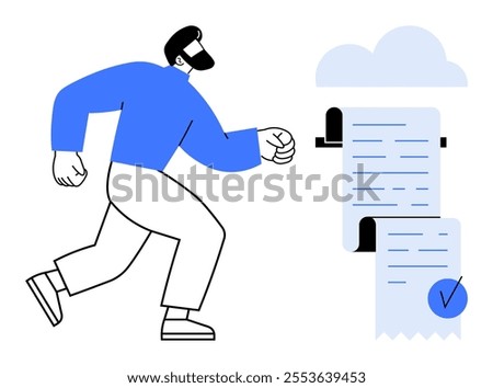 Bearded man in blue shirt and white pants walking towards large documents next to a cloud. Ideal for business, documentation, work processes, cloud storage, and productivity themes. Minimalist vector