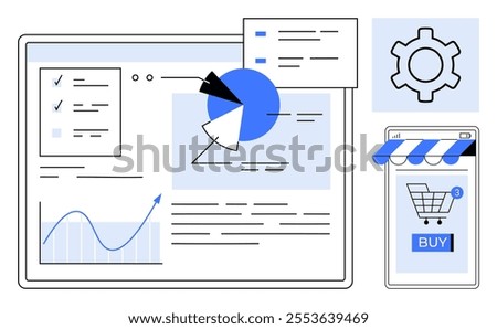 A digital dashboard includes graphs, pie chart, checklist, settings gear, and online shopping icon. Ideal for marketing strategy, business analytics, e-commerce, technology, website design. Simple