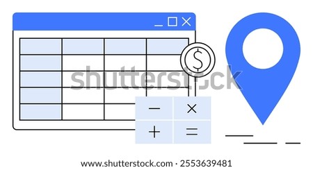 Spreadsheet with rows and columns, location pin, and calculator symbols suggesting financial calculations. Ideal for finance, data analysis, budgeting, navigation, digital tools. Clean, modern