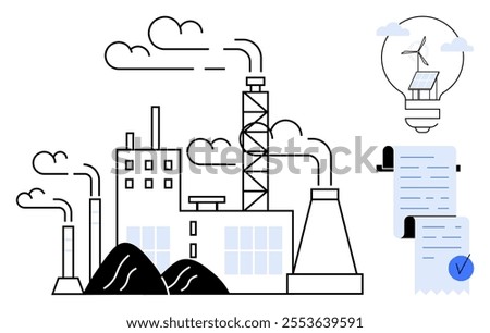 Industrial factory with smoke stacks and two coal piles. To the right is a light bulb with a solar panel and wind turbine inside, along with a document featuring a blue checkmark. Ideal for