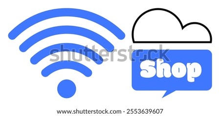 wireless signal symbol on left and cloud with shop chat icon on right. Ideal for e-commerce, technology, communication, virtual stores, internet services. Simple, modern, flat style