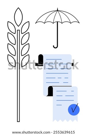 A stylized drawing with a wheat stalk, umbrella, and document highlights agricultural security. Ideal for farming policies, insurance, risk management, food production, sustainability. Modern, clean