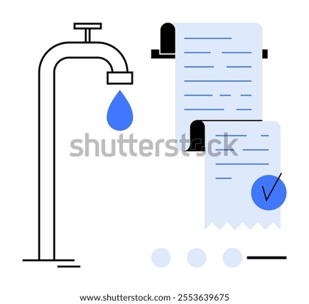 Faucet with a water droplet and a long receipt representing water usage. Ideal for environmental awareness, conservation, water bills, sustainability, and utility payment. Minimalist and clean design