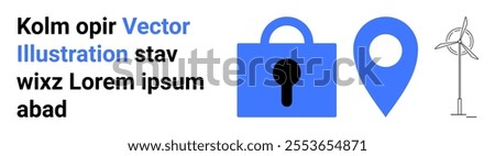 Large central padlock icon with accompanying location pin and wind turbine in blue and black. Ideal for security, navigation, renewable energy, technology, and eco-friendly topics. Landing page