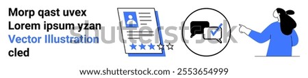 A simplified illustration showing a resume with a star rating, two speech bubbles with a checkmark in a circle, and a person pointing. Ideal for job application, recruitment, communication