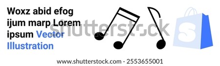 Two musical notes in black beside a blue shopping bag with a white S and placeholder text in black and blue. Ideal for e-commerce, entertainment, music, shopping, web design. Landing page