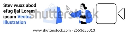 Woman in blue attire pointing to a shopping bag image next to text, accompanied by a play button symbol. Ideal for online shopping, e-commerce, tutorials, educational content, and presentations