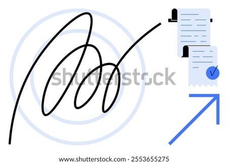 Flowing signature with a circular design overlapping on the left, stack of documents with a checkmark on the right, and an arrow pointing forward. Ideal for digital approvals, e-signatures