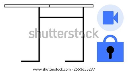 Minimalist style table with video camera and lock icons. Ideal for office setups, virtual meetings, workspaces, security topics and digital tools discussions. Simple design focusing on productivity