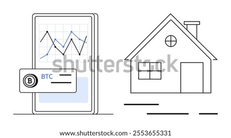 A smartphone with a Bitcoin trading graph is beside a simple house. Ideal for digital finance, cryptocurrency, real estate investment, online trading, modern economy. Clean, minimal, modern