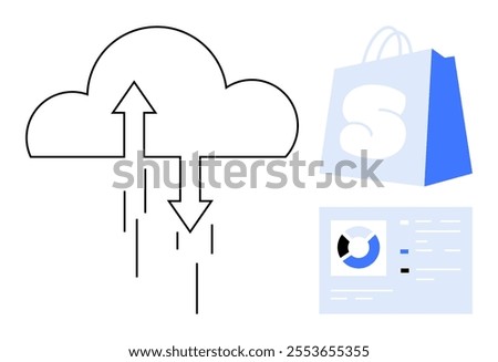 An image showing a cloud with up and down arrows, a shopping bag, and a data analysis sheet. Ideal for cloud storage, e-commerce, data transfer, online shopping, and digital marketing. Minimalist