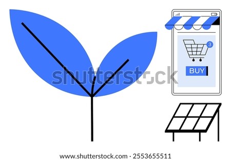 Large blue leaf and seedling on left. Online shopping cart with notification and buy button on top right. Solar panel below shopping cart. Ideal for sustainability, eco-friendly, renewable energy