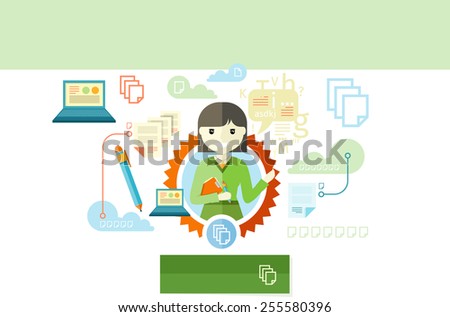 Advertising copywriter expert of marketing profession series. Woman holding a clipboard and pen with item icons in flat design. Raster version