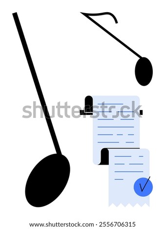 Two black musical notes and a blue checkmark on a scrolling document represent the harmony between music and documentation. Ideal for music, composition, task completion, organization, and creativity