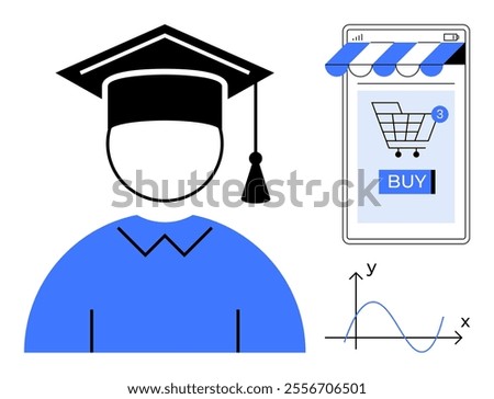 Graduate icon wearing a cap, mobile phone with a shopping cart and buy button, and an X-Y graph. Ideal for themes of online education, e-commerce, data analysis, technology integration, and modern