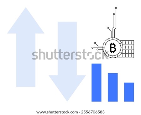 Two arrows pointing up and down beside a bar chart and Bitcoin graphic. Ideal for themes about cryptocurrency, market analysis, price fluctuations, financial trends, and blockchain technology