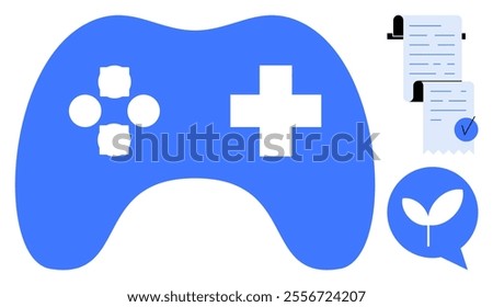 Blue game controller with four round buttons and a cross button, next to a document checklist and a leaf inside a speech bubble. Ideal for gaming, digital organization, eco-friendly themes