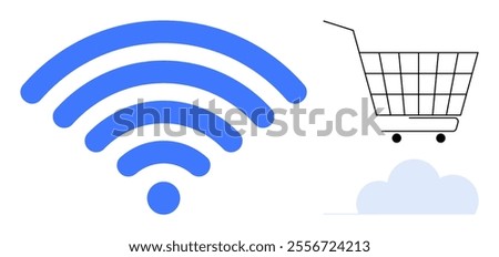 Blue wireless signal icon connecting to a black shopping cart on a cloud. Ideal for online shopping, e-commerce, digital marketing, technology services, and cloud computing. Flat vector style