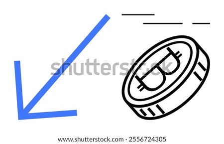 Black and white bitcoin coin with a blue downward arrow indicating a decrease in value. Ideal for economic trends, cryptocurrency market analysis, financial decline, forex trading, money management