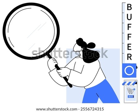 Woman observes object with magnifying glass. Buffer scale with shopping cart icon represents online shopping and analysis. Ideal for business, marketing, e-commerce, research, and user reviews