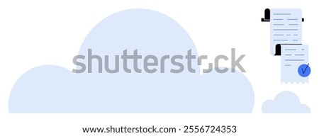 Blue cloud shape with documents next to it. Ideal for cloud computing, digital storage, data management, online safety, document organization. Simple minimalist vector style