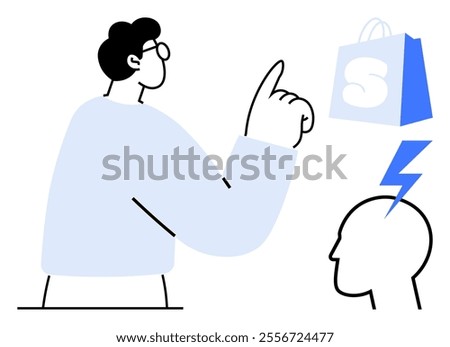 Person with raised finger near shopping bag and lightning bolt over head symbolizes e-commerce, innovation, online shopping and creativity. Ideal for marketing, startup, business, technology