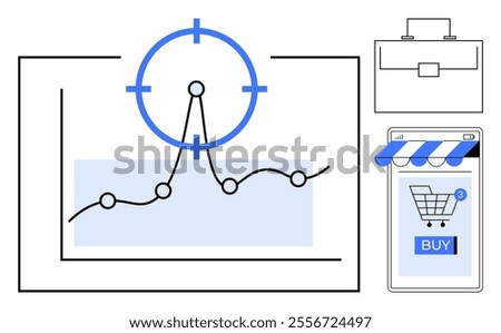 Graph with growth trend under target symbol plus briefcase icon and shopping cart on a mobile. Ideal for business analysis investment e-commerce financial planning and marketing strategy. Simple