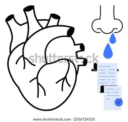 Human heart drawing, nose dripping a blue droplet, and two medical documents with checks. Ideal for healthcare, anatomy studies, medical education, biology teaching, awareness campaigns. Simple