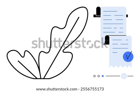 A simple black outline of a leaf next to two receipts, one with a blue checkmark. Ideal for financial management, organization, eco-friendly themes, receipts tracking, and document verification