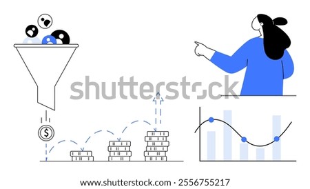 A person pointing to a chart, a funnel filtering icons into a dollar symbol, and stacks of coins increasing. Ideal for highlighting data analysis, financial growth, marketing strategies, business