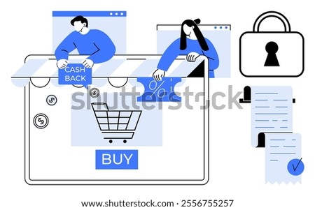 Two people engage in online shopping on a secure platform showcasing cashback and discount features, with a shopping cart, browser windows, lock, and a receipt. Ideal for e-commerce security, online