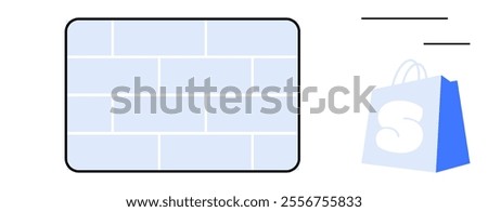 A block pattern with light blue bricks next to a blue shopping bag with a white S and two black dashes above it. Ideal for retail branding decor design minimalism shopping and graphic elements