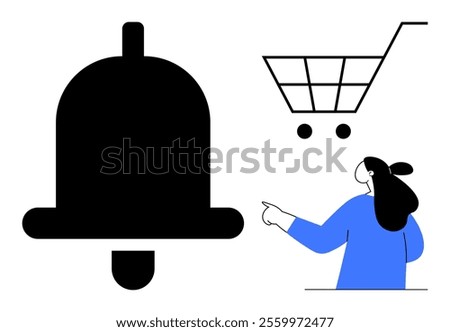 Large black bell icon on left, woman in blue shirt pointing towards shopping cart icon on right. Ideal for online shopping, mobile notifications, e-commerce, digital marketing, customer engagement