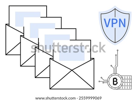 Multiple open emails are shown with a VPN shield icon and a blockchain Bitcoin symbol. Ideal for security, data privacy, email encryption, blockchain technology, and VPN services. Simple vector style