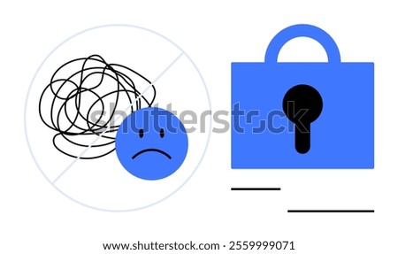 Tangled lines with a sad face representing mental struggles next to a locked lock symbolizing privacy. Ideal for mental health awareness, data security, emotional wellbeing, psychological issues