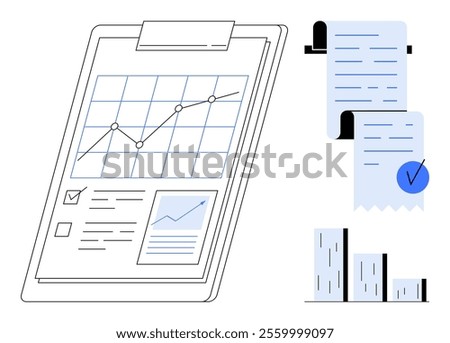 A clipboard with a business graph, receipts, and a bar chart. Ideal for financial reports, business analytics, data visualization, progress tracking, and performance metrics. Minimalistic line art