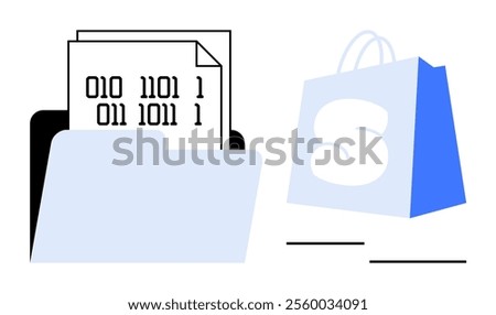 Blue shopping bag with a large S next to an open folder holding sheets of paper with binary code. Ideal for themes like online shopping, data management, organization, technology, and business