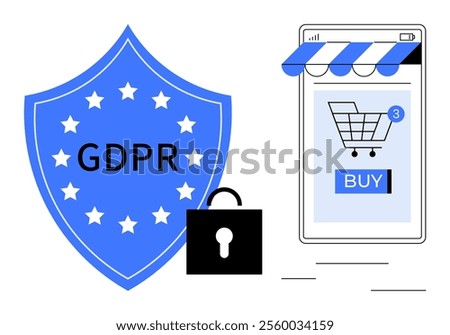 Illustration shows shield with GDPR text plus stars, padlock, and smartphone displaying online shopping cart and buy button. Ideal for data protection, e-commerce, online shopping, cybersecurity