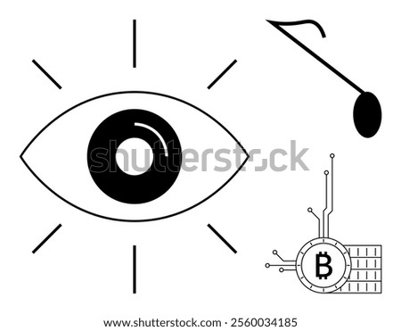 Large eye symbol with radiating lines, musical note in the upper corner, and Bitcoin integrated with circuit lines in the bottom corner. Ideal for technology, finance, music, digital culture