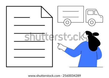 A person pointing at a large document next to a simple outline of a delivery truck. Ideal for logistics, documentation, shipping, courier services, business correspondence. Minimalist, modern, clean