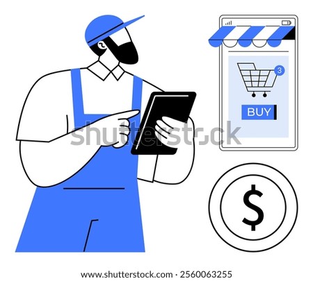 A person in blue overalls holding a tablet, pointing at a smartphone displaying a shopping cart and buy button. Also a dollar sign icon. Ideal for online shopping, e-commerce management, digital