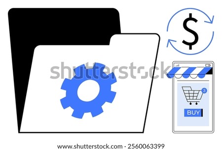 Folder with blue gear symbol, dollar sign with arrows indicating transactions, mobile device with shopping cart and buy button. Ideal for e-commerce, online shopping, payment processing, file