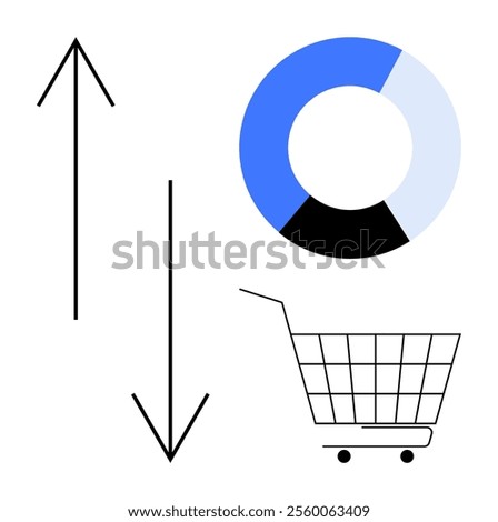 Two arrows pointing up and down next to a pie chart and a shopping cart Ideal for business growth, economics, financial statistics, market analysis, retail shopping Modern flat style