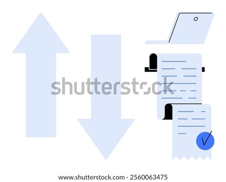 Two arrows pointing up and down with a document next to a laptop. Ideal for business processes, data management, financial transactions, bookkeeping, and project management. Minimalist vector style