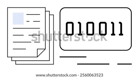 Pile of documents next to a binary code sequence on a display board Ideal for data conversion digitalization coding programming computer science. Simple and minimalist style