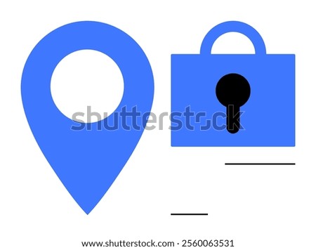 Blue location pin and padlock symbol emphasize security, privacy, safe navigation, and data protection. Ideal for online security, location services, privacy tools, digital safety, and data