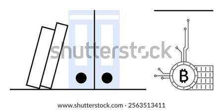 Several books and blue folders are placed on a shelf while a Bitcoin symbol with circuit lines is on the right. Ideal for data storage, cryptocurrency, education, office organization, digital