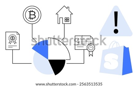 Simple vector illustration including a pie chart, Bitcoin symbol, house, documents, exclamation mark, and shopping bag. Ideal for finance, cryptocurrency, real estate, documentation, and e-commerce