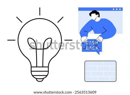 Large light bulb and person in browser window holding a cashback sign. Minimalist. Ideal for finance, innovation, savings, e-commerce, online transactions. Simple, modern, vector