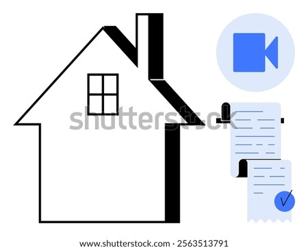 House outline with chimney and window, accompanied by a blue video camera icon and a document with a check mark. Ideal for real estate, online meetings, home loans, virtual tours, digital contracts